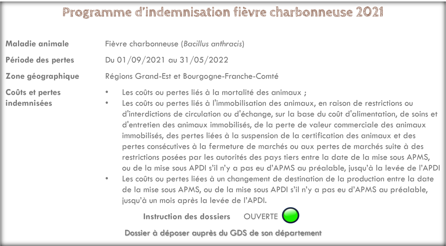 Programme d'indemnisation fièvre charbonneuse 2021 FMSE